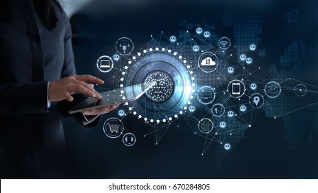 Woman touching a global network connection, Omni Channel and communications concept