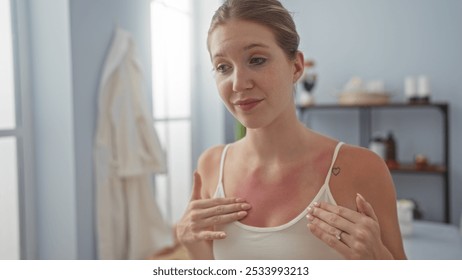 Woman touching her sunburned chest indoors at a wellness center with a slight expression of discomfort, highlighting the need for sun protection - Powered by Shutterstock