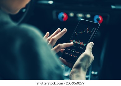 Woman Touching Mobile Phone Investing Application In Car. Stock Market Investment App In Hand. Close-up View