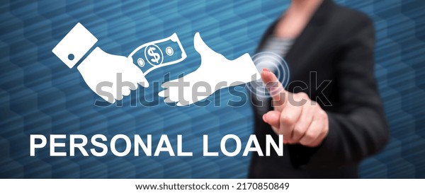 Woman touching a personal loan concept on a touch\
screen with her finger