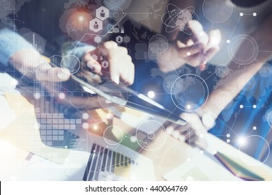 Woman Touching Screen Electronic Tablet Hand.Project Manager Research Process.Business Team Working New Startup Modern Office.Global Strategy Virtual Icon Charts Interface.Analyze Market Stock.Blurred