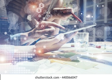 Woman Touching Screen Electronic Tablet Hand.Project Manager Researching Process.Business Team Working New Startup Modern Office.International Digital Icon Chart Interface.Analyze Market Stock.Blurred