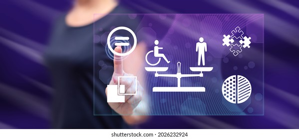 Woman touching a social equality concept on a touch screen with her finger