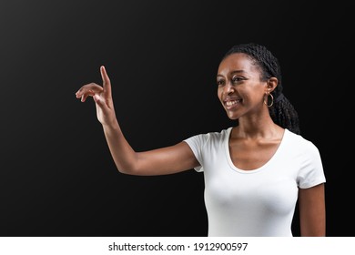 Woman Touching Virtual Screen Futuristic Social Media Cover