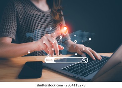 Woman touching virtual screen of pin icon a place on a map. global network connection on social networking, Business strategy, smart intelligence, digital marketing, Technology and global business. - Powered by Shutterstock - Get 15% off with code: PIKWIZARD15