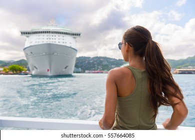 Woman Tourist On Outdoor Shore Excursion Looking At Cruise Ship Boat Docked At Port Of Call Harbour In Caribbean Destination. Tropical Summer Travel, Tourism Vacation.