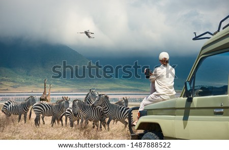 Woman tourist on safari-tour in Africa, traveling by car in Tanzania, watching wild animals and birds in the National park Ngorongoro.