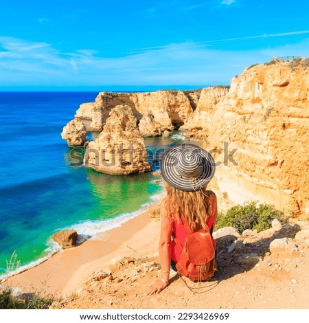 Woman tourist travel in Portugal,, enjoying beautiful Algarve beach- summer holiday, vacation, travel concept