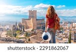 Woman tourist travel in Spain, Andalusia- Villena castle- Alicante