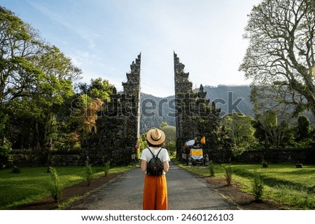 Similar – Image, Stock Photo Traveling with backpack concept image. Backpacker female in trekking boots crossing mountain river. Summer vacation trip