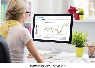 Woman trading currencies online on forex trading platform. All content is made up.