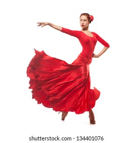 Woman Traditional Dancer Wearing Red Dress Isolated On White Background