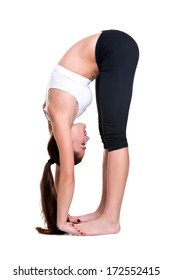 Woman In A Traditional Yoga Pose On White Background 