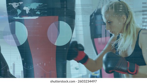 Woman training with punching bag, digital interface overlay showing data and graphs. Fitness, boxing, technology, workout, analytics, exercise
