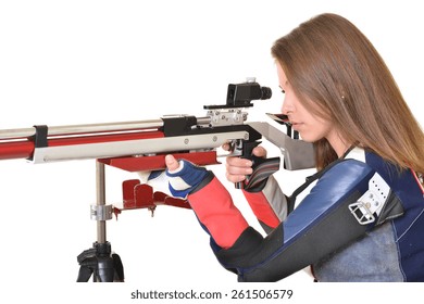 Woman Training Sport Shooting With Air Rifle Gun