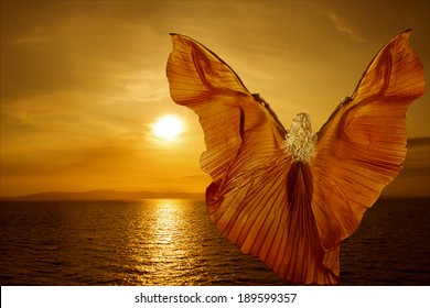 Woman Transform Butterfly Wings, Flying Fantasy Sea Sunset, Meditation Spirituality Concept