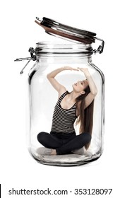 Woman Trapped In Glass Jar As A Stress Concept.