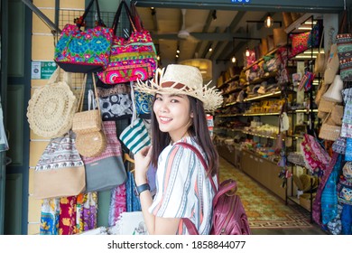 Woman Travel In Bangkok City Enjoy Shopping In Souvenir Shop Weekend Market Thailand