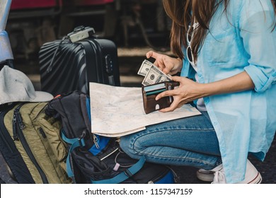 Woman Travel , Girl With Backpack Counting US Dollars Money In Wallet, Financial Plan For Tourism.