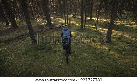 The woman travel on mixed terrain cycle touring with bike bikepacking outdoor. The traveler journey with bicycle bags. Stylish bikepacking, bike, sportswear in green black colors. Magic forest park.