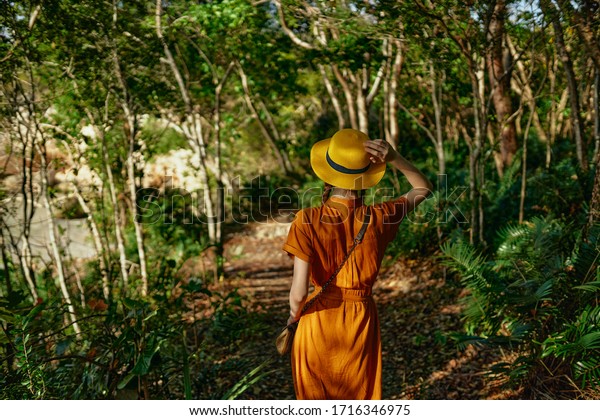  Woman travel palms exotic tropics                      \
       
