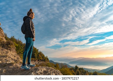 Woman Traveler Hiking In Mountains. Adventure Solo Traveling Lifestyle. Wanderlust Adventure Concept. Active Weekend Vacations Wild Nature Outdoor. Autumn Fall Forest.