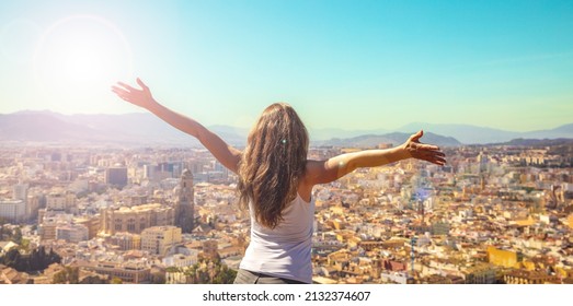 Woman Traveler Looking At City Landscape View Panorama- Malaga