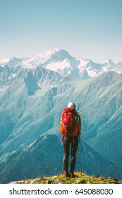 Woman Traveler Standing At Mountains Nature Landscape With Backpack Travel Lifestyle Concept Adventure Summer Vacations Outdoor 