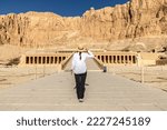 Woman traveler at Temple of Queen Hatshepsut, Valley of the Kings, Egypt
