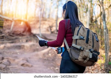 woman traveler walking in the forest and enjoying for beautiful view of nature on holiday.adventure concept. - Shutterstock ID 1603286317