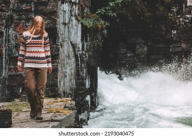 Woman Traveling Alone In Sweden Hiking In Abisko Canyon Survival Adventure Concept Active Vacations Healthy Lifestyle River Nature View