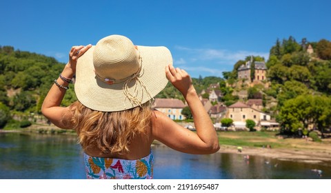 Woman Travelling In Dordogne,  Village Of Limeuil