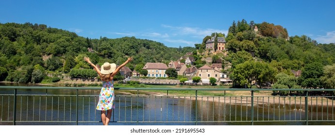 Woman Travelling In Dordogne,  Village Of Limeuil