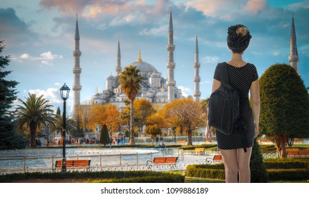 A Woman Travels Through Istanbul. Turkey. Blue Mosque.  