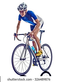 Woman Triathlon Athlete  Cyclist Cycling On White Background