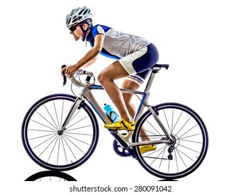 Woman Triathlon Ironman Athlete  Cyclist Cycling On White Background