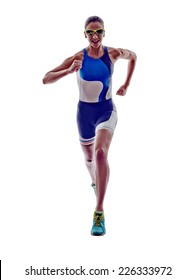 Woman Triathlon Ironman Athlete Runner Running  On White Background