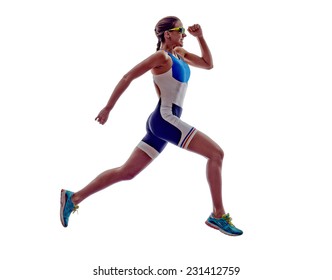 Woman Triathlon Ironman Athlete Runner Running  On White Background