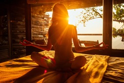 Woman In Tropical Open Yoga Studio Place A View Outside To The Hills While Sunset.girl In Eco Hotel Panoramic Windows Enjoying Solitude With Nature Kerala India Wildernest Resort