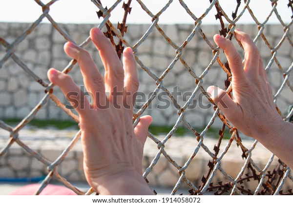 A woman trying to cross\
barbed wire