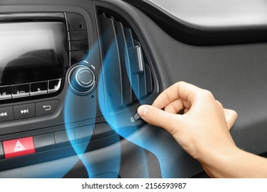 Woman Turn On Conditioner In Car And Illustration Of Cool Air Flow, Closeup