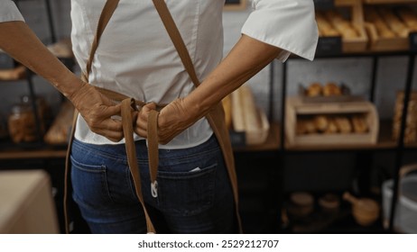 Woman tying apron in a bakery, showcasing fresh bread and pastries on shelves in an indoor shop setting. - Powered by Shutterstock