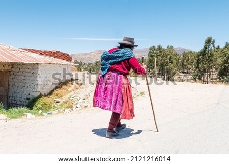 A woman in typical Peruvian clothes walks along the road to Peru.