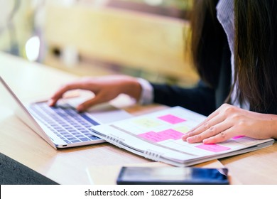 Woman Typing Computer Keyboard To Book Calendar Schedule In Laptop, Timetable Reservation For Business Appointment. Planner Organizer Using To Manage A Busy Checklist Agenda With Memo Reminder 