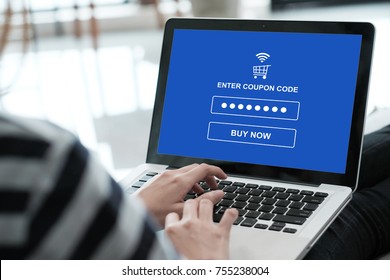 Woman typing discount coupon code on laptop screen to get the shopping on line promotion, on line shopping ,digital marketing business and technology, lifestyle concept  - Shutterstock ID 755238004