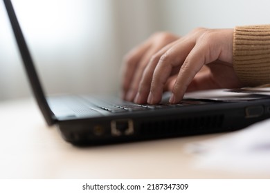 Woman Typing Laptop Keyboard Work At Office Desk. Digital Communication Use Internet Connect Office And Home Wireless Technology.