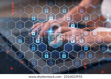 Woman typing on laptop at office workplace in background. Concept of working process, internet surfing, online business education. Student send e-mail. Close up view. Padlock icons