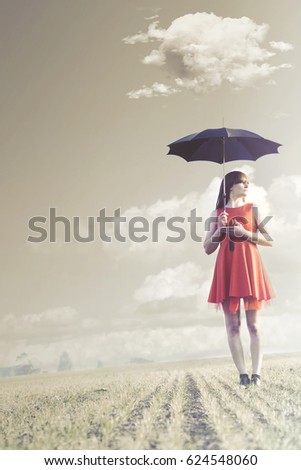 Woman with umbrella is followed by a delicate cloud