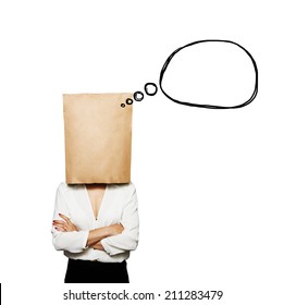 woman under empty paper bag and speech balloon  isolated white background