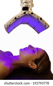 A Woman Under A Light Therapy Machine, Blue Light